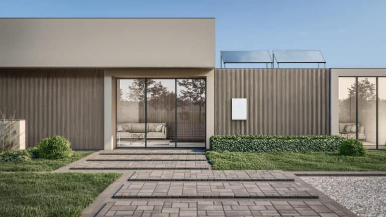 3d rendering illustration of modern minimal house with a concrete walkway and natural playground